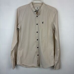Father Sons Button Up Shirt Mens Medium Beige Stretch Slim Fit Mission Collar